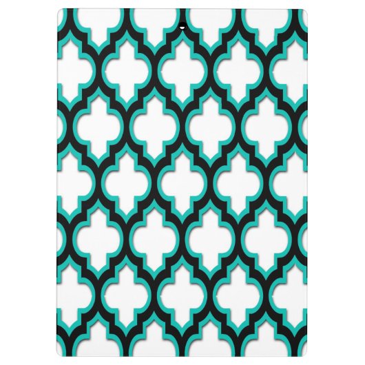 Blauwgroen zwart wit Marokkaans Quatrefoliepatroon Klembord (Achterkant)