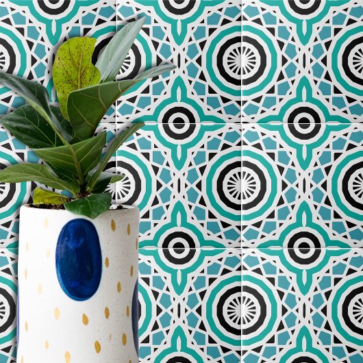 Blauwgroen zwart-wit tribaal etnisch geometrisch p tegeltje