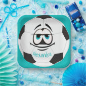 Blauwgroen zwart-wit voetbal grappig gezicht papieren bordje (Feest)