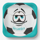 Blauwgroen zwart-wit voetbal grappig gezicht papieren bordje (Voorkant)