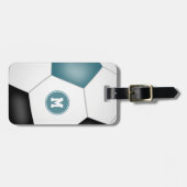 blauwgroen zwart wit voetbal, monogrammen bagagelabel (Voorkant horizontaal)