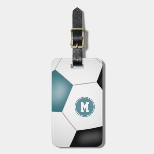 blauwgroen zwart wit voetbal, monogrammen bagagelabel (Voorkant verticaal)