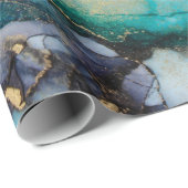 Blauwgroen zwarte-alcoholinkt-vloeistofartabstract cadeaupapier (Rol Hoek)