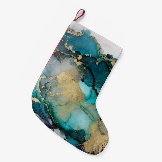 Blauwgroen zwarte-alcoholinkt-vloeistofartabstract kleine kerstsok (Voorkant (Hangend))