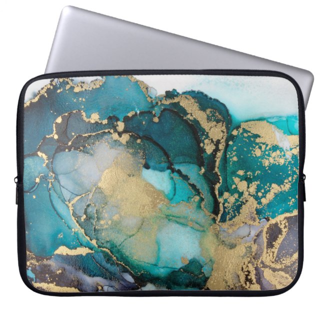 Blauwgroen zwarte-alcoholinkt-vloeistofartabstract laptop sleeve (Voorkant)