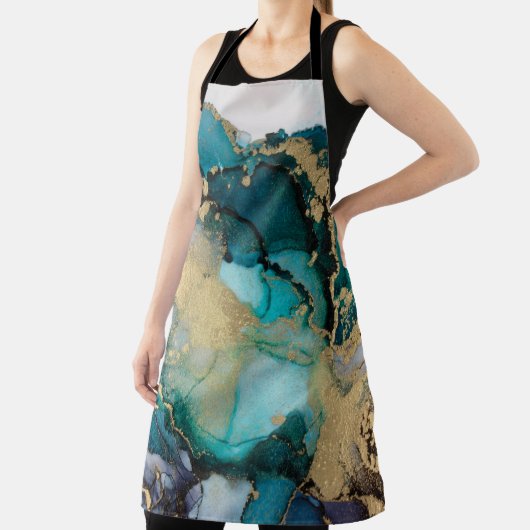 Blauwgroen zwarte-alcoholinkt-vloeistofartabstract schort (Insitu)