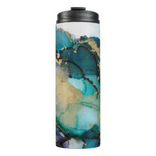 Blauwgroen zwarte-alcoholinkt-vloeistofartabstract thermosbeker