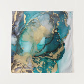 Blauwgroen zwarte-alcoholinkt-vloeistofartabstract wandkleed (Voorkant (horizontaal))