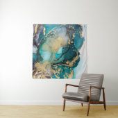 Blauwgroen zwarte-alcoholinkt-vloeistofartabstract wandkleed (In Situ (horizontaal))