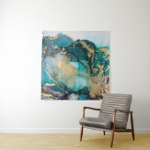 Blauwgroen zwarte-alcoholinkt-vloeistofartabstract wandkleed (In situ)