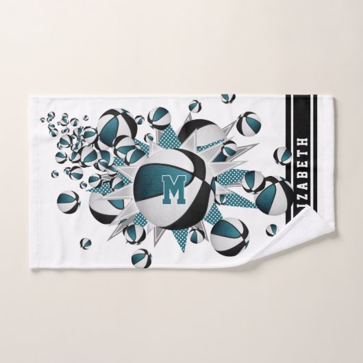 blauwgroen zwarte basketballen sterren meisjes mon handdoek (Handdoek)