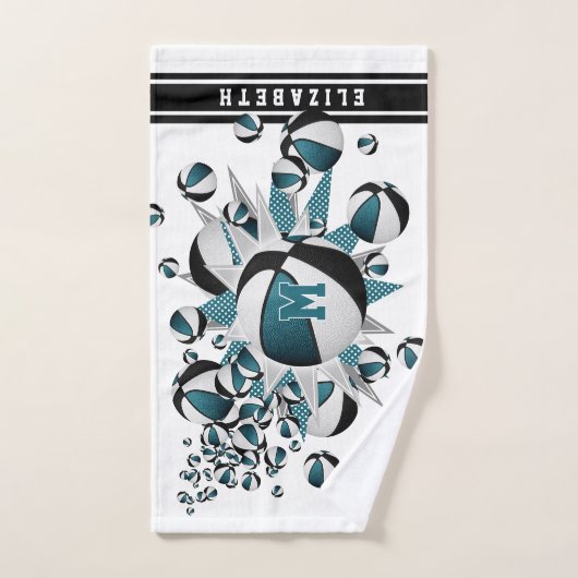 blauwgroen zwarte basketballen sterren meisjes mon handdoek (Handdoek)