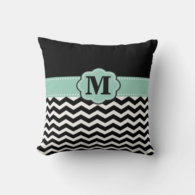 Blauwgroen zwarte Chevron Monogram Pillow Kussen (Voorkant)