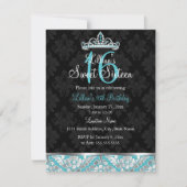 Blauwgroen zwarte Damask & Tiara Sweet 16 Invite Kaart (Voorkant)