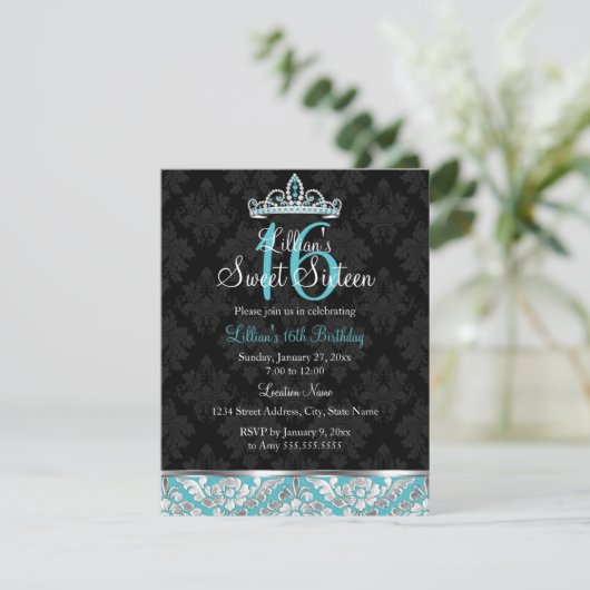 Blauwgroen zwarte Damask & Tiara Sweet 16 Invite Kaart (Staand voorkant)