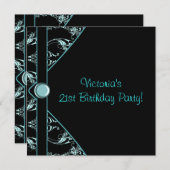 Blauwgroen zwarte damask vrouwen 21ste verjaardags kaart (Voorkant / Achterkant)