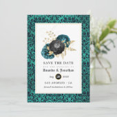 Blauwgroen, zwarte en goudbekistingen save the date (Staand voorkant)