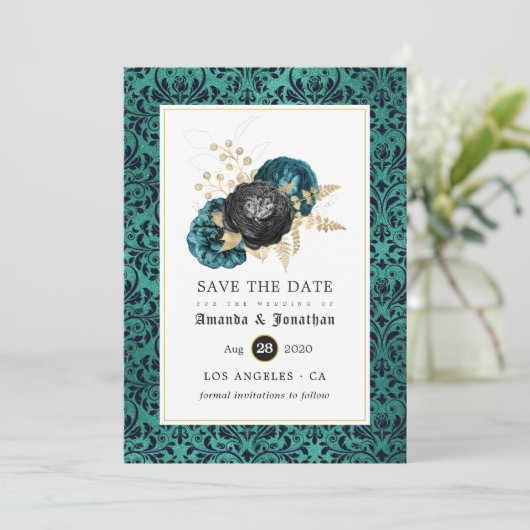 Blauwgroen, zwarte en goudbekistingen save the date (Staand voorkant)