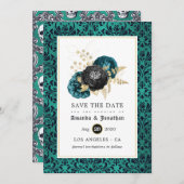 Blauwgroen, zwarte en goudbekistingen save the date (Voorkant / Achterkant)