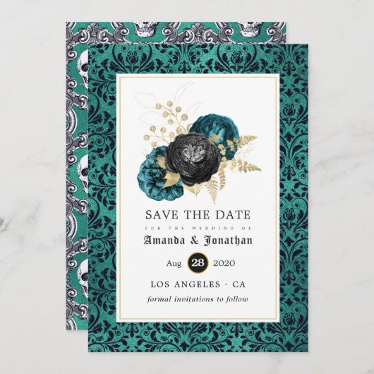 Blauwgroen, zwarte en goudbekistingen save the date (Voorkant / Achterkant)