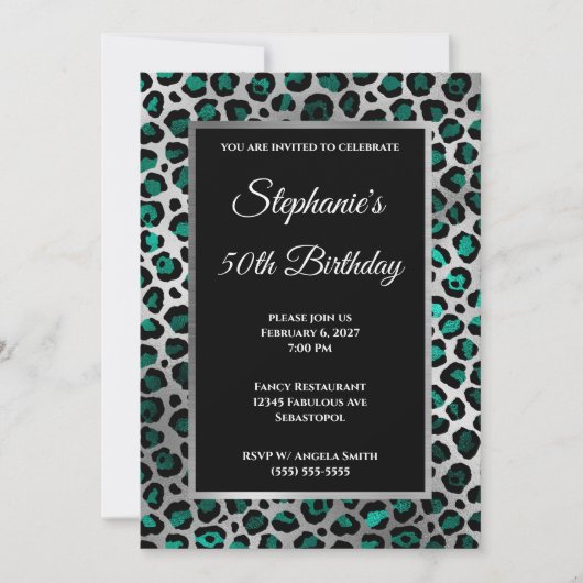 Blauwgroen zwarte en zilverluipaard Glam 50e verja Kaart (Voorkant)