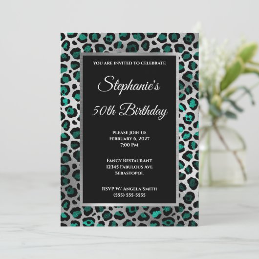 Blauwgroen zwarte en zilverluipaard Glam 50e verja Kaart (Staand voorkant)