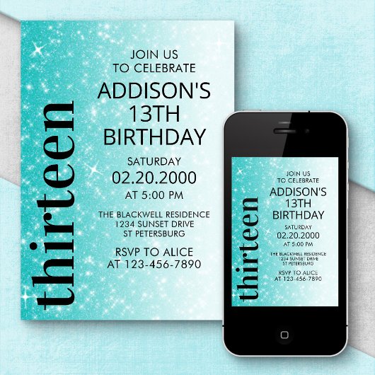 Blauwgroen zwarte glitter Verjaardag Kaart