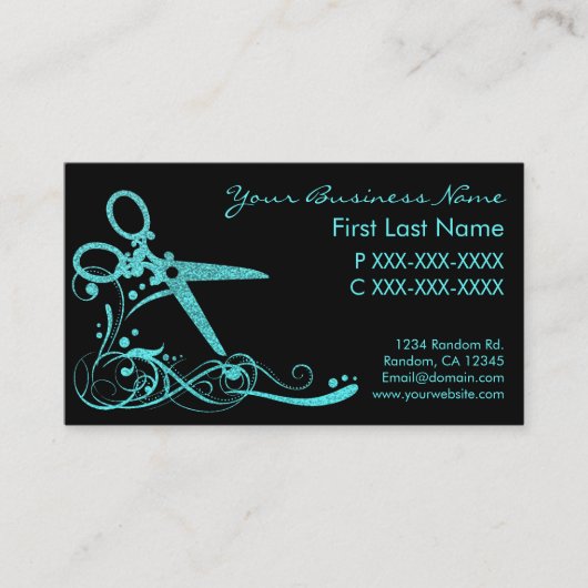 Blauwgroen zwarte glitter zwirlharen snijdende vis visitekaartje (Voorkant)