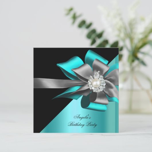Blauwgroen zwarte grijze zilver Bow Parelfeest Kaart (Staand voorkant)