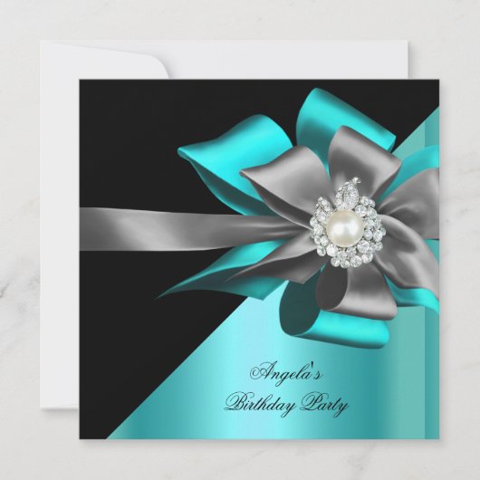 Blauwgroen zwarte grijze zilver Bow Parelfeest Kaart (Voorkant)