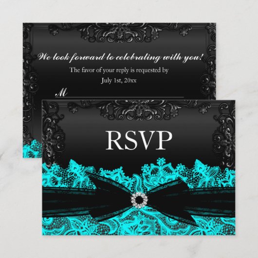  Blauwgroen & Zwarte kant RSVP Kaartje (Voorkant / Achterkant)