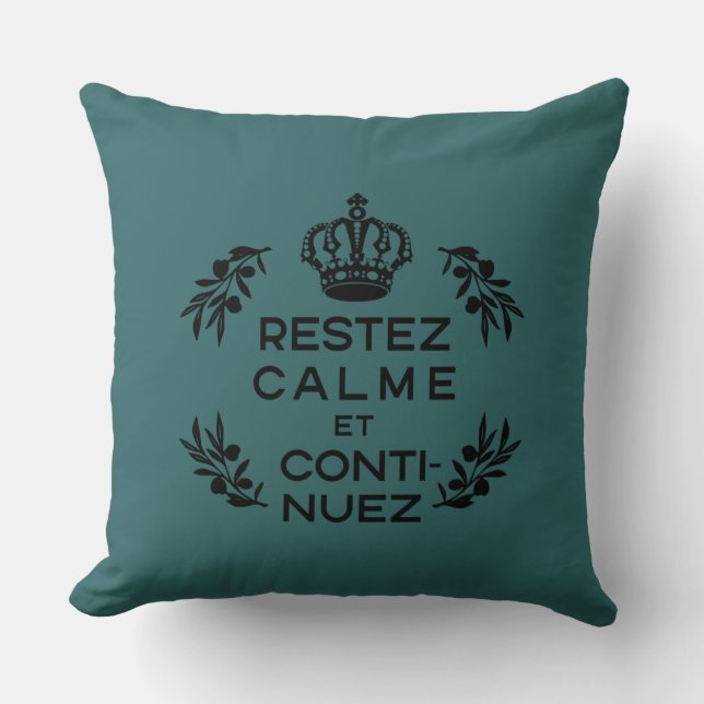 blauwgroen zwarte krest Franse Keep Calm en Carry Kussen (Voorkant)