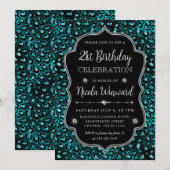 Blauwgroen & Zwarte Luipaard Spots Glitter Lijst V Kaart (Voorkant / Achterkant)