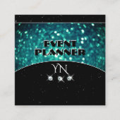 Blauwgroen zwarte mousserende glitter met monogram vierkante visitekaartje (Voorkant)