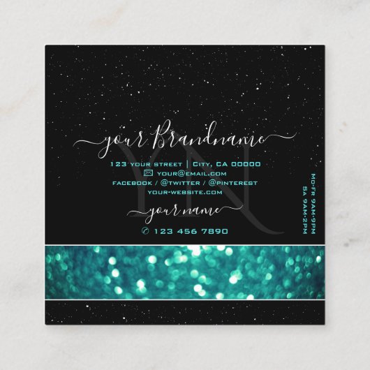 Blauwgroen zwarte mousserende glitter met monogram vierkante visitekaartje (Achterkant)