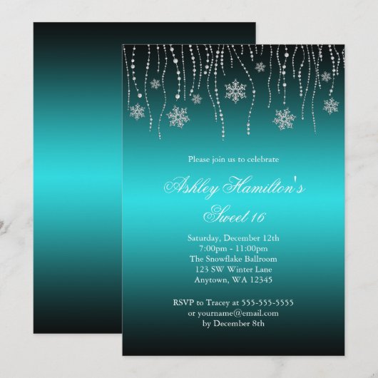 Blauwgroen zwarte Snowflakes Sweet 16 Winter Wonde Kaart (Voorkant / Achterkant)