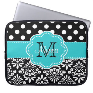 Blauwgroen zwarte Stippen Damask Personal Computer Laptop Sleeve