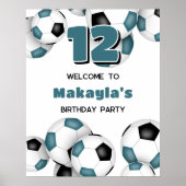 blauwgroen zwarte voetballen meisjes verjaardagsfe poster (Voorkant)