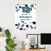 blauwgroen zwarte voetballen meisjes verjaardagsfe poster (Thuiskantoor)