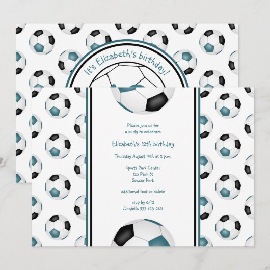 blauwgroen zwarte voetballen verjaardagsfeest kaart (Voorkant / Achterkant)