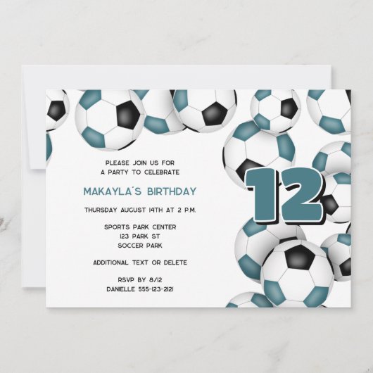 blauwgroen zwarte voetballen verjaardagsfeestje vo kaart (Voorkant)