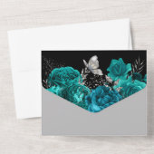 Blauwgroen zwarte zilverkleurige roos elegant vlin all in one uitnodiging (Achterkant)