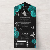 Blauwgroen zwarte zilverkleurige roos elegant vlin all in one uitnodiging (Binnen)