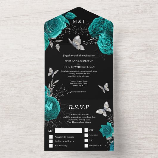Blauwgroen zwarte zilverkleurige roos elegant vlin all in one uitnodiging (Binnen)