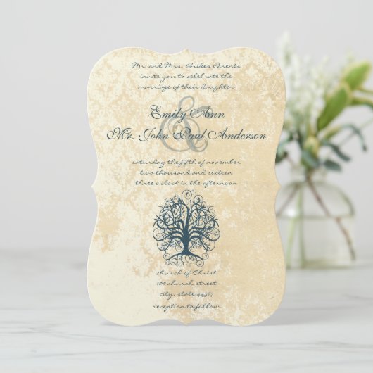 Blauwgroen Zwirlbomen met Damask Wedding Invitatio Kaart (Staand voorkant)