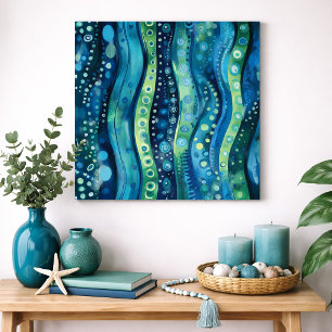 Blauwgroene Abstracte Golf Waterverf Muurkunst Poster