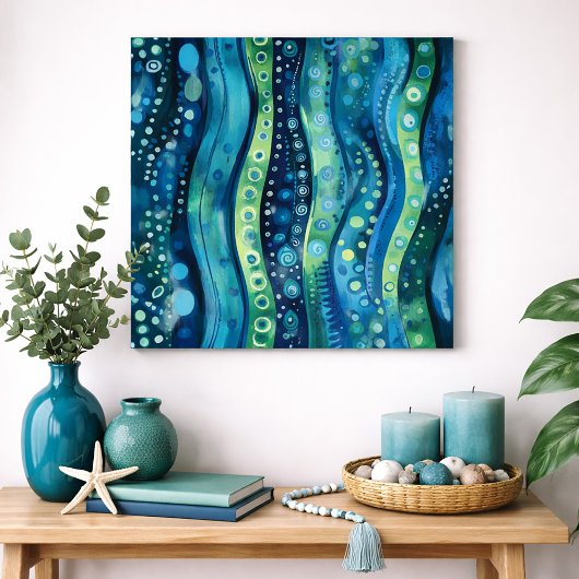 Blauwgroene Abstracte Golf Waterverf Muurkunst Poster
