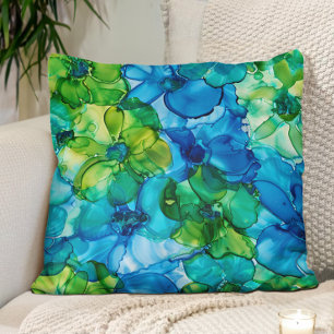 Blauwgroene Alcohol Inkt Bloemen Kussen