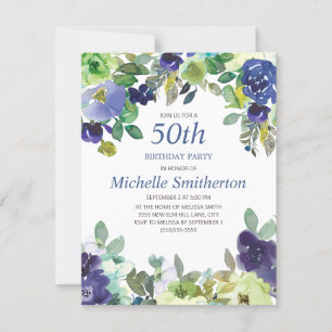 Blauwgroene Aquarel Bloemen 50ste Verjaardag Kaart