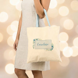 Blauwgroene aquarel bloemenkader voor bruidsmeisje tote bag